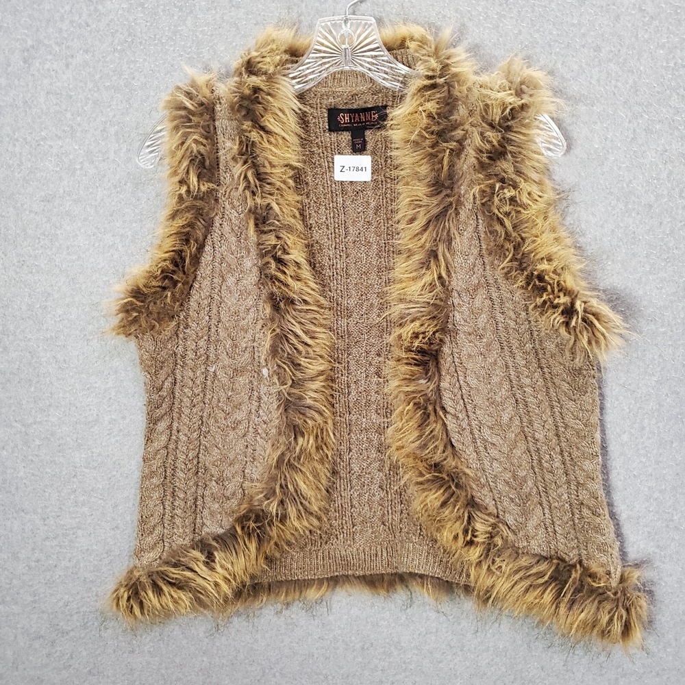 Shyanne‎ Women Sweater Medium Brown Vest Cropped Faux Fur Trim Cable Knit